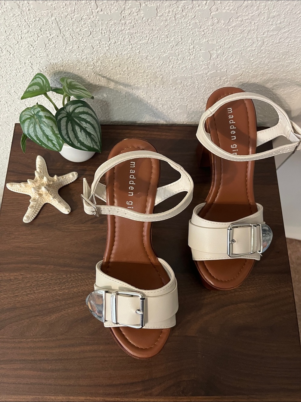 Madden Girl Cream Ankle-Strap Sandals with Silver Buckle